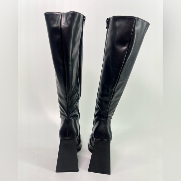 Black Knee High Faux Leather Boots Square Toe Chunky Triangular Heel 7.5 - Picture 5 of 13